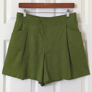 Cabi Traipse Soft Linen Blend Pleated High Rise Wide Leg Midi Shorts Avocado 6